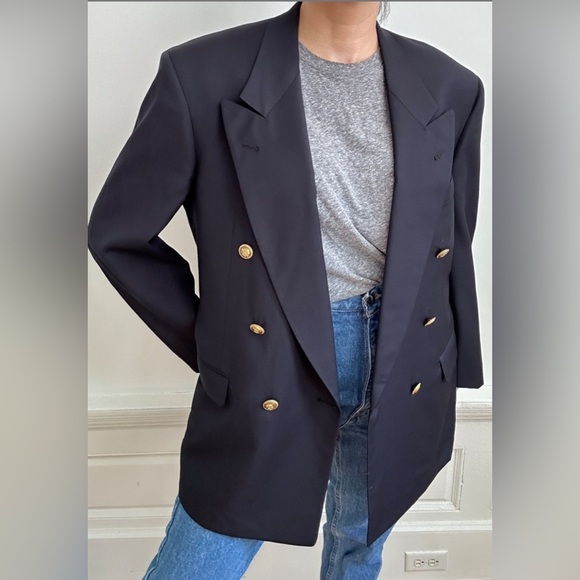 AQUASCUTUM Sz 6 Double-Breasted Blazer with Gold Buttons Shoulder Pads 100% Wool - Picture 1 of 14